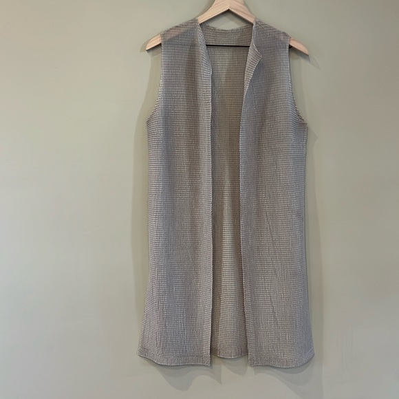 Pleated Sheer Duster Open Cardigan Sleeveless Oatmeal Beige Size M - Picture 1 of 7
